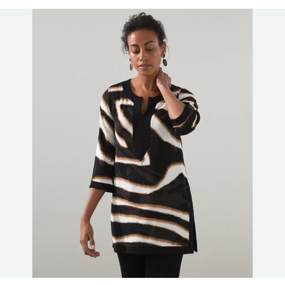 Chicos Travelers Abstract Zebra Print Tunic Top Black Tan White 3/4 Sleeve 0 S